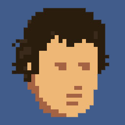 A basic pixel-art style drawing of Rhys' face